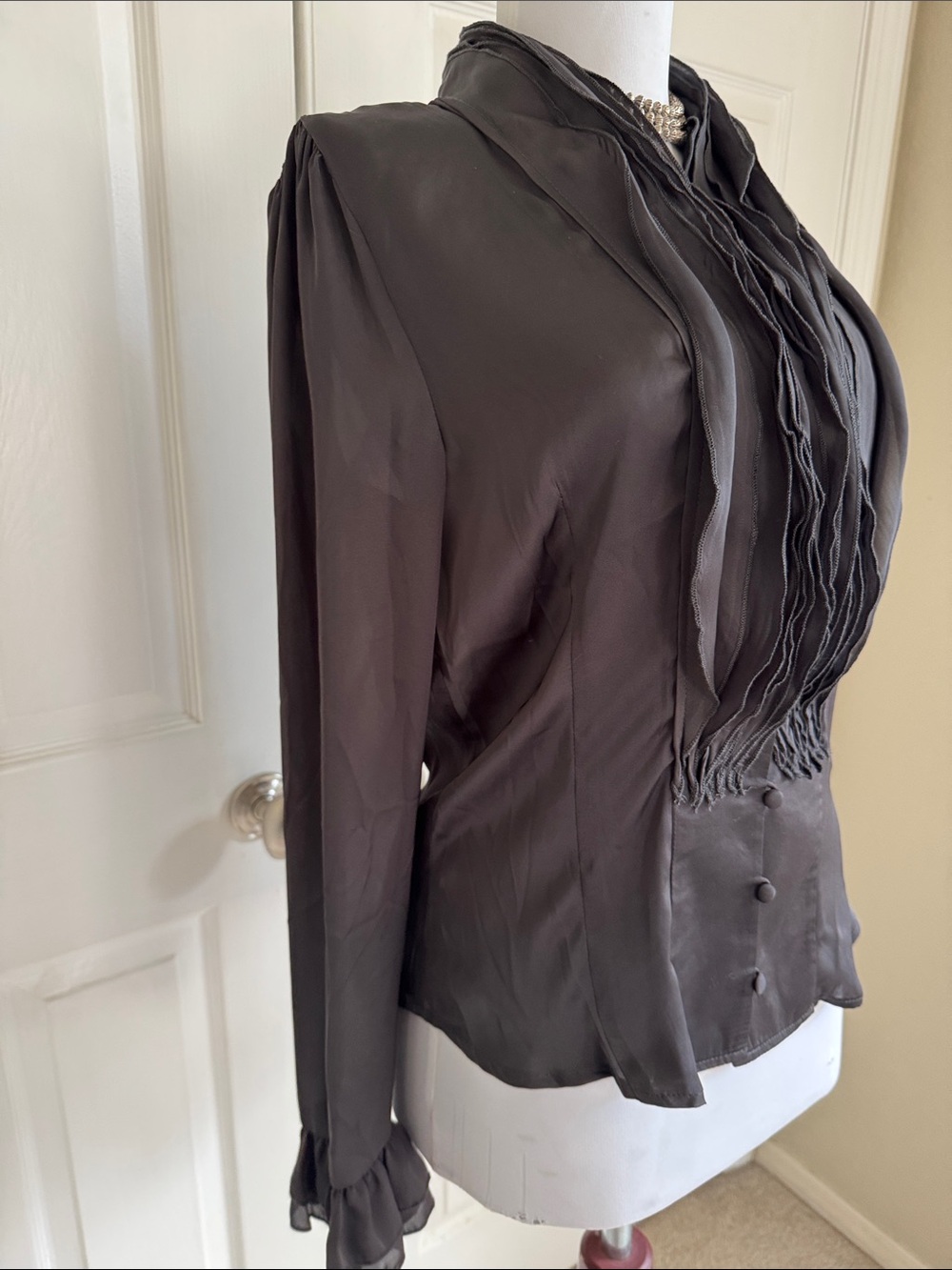 Lapis Gray Satin Ruffle-Front Blouse